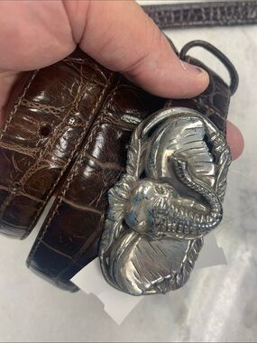 Brighton Brown Croc-Embossed Leather Belt with Silver Elephant Buckle